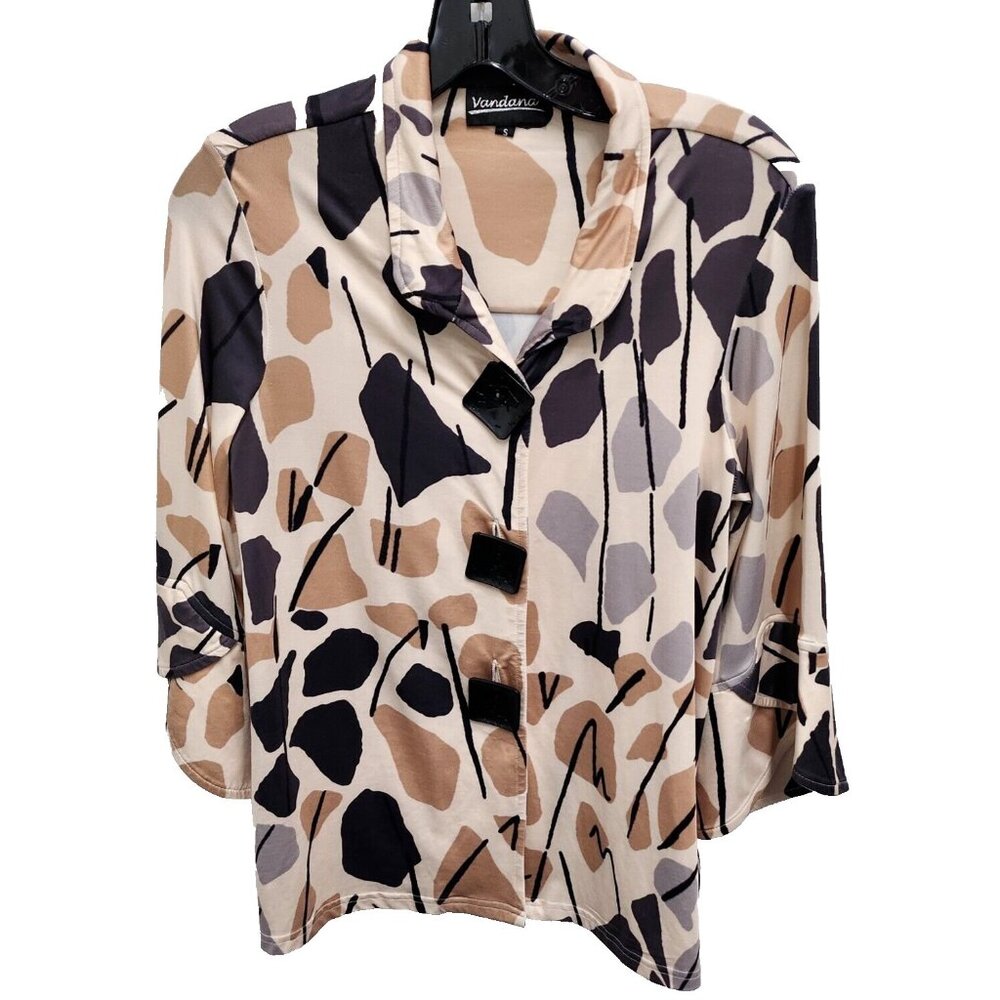 Vandana Women Wearable Art Top Small Beige Abstract Statement Button 3/4 Sleeve